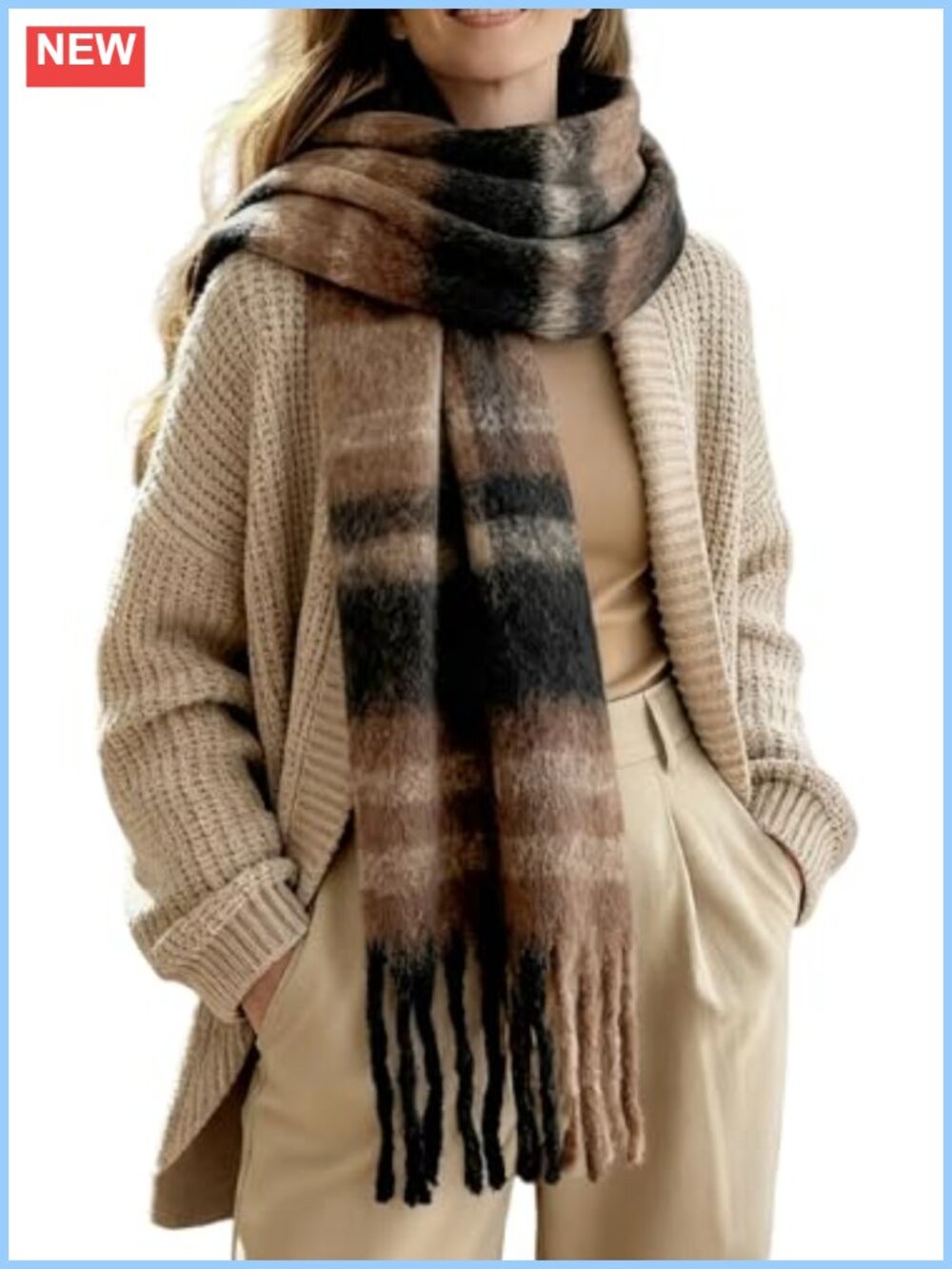 Women's Chunky Knit Plaid Blanket Scarf Long Shawl Wrap Tassel